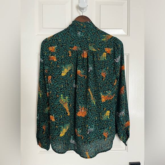 J. Crew Long Sleeve Button Down Neck Tie Blouse Animal Jungle Print Green XS - Picture 3 of 8